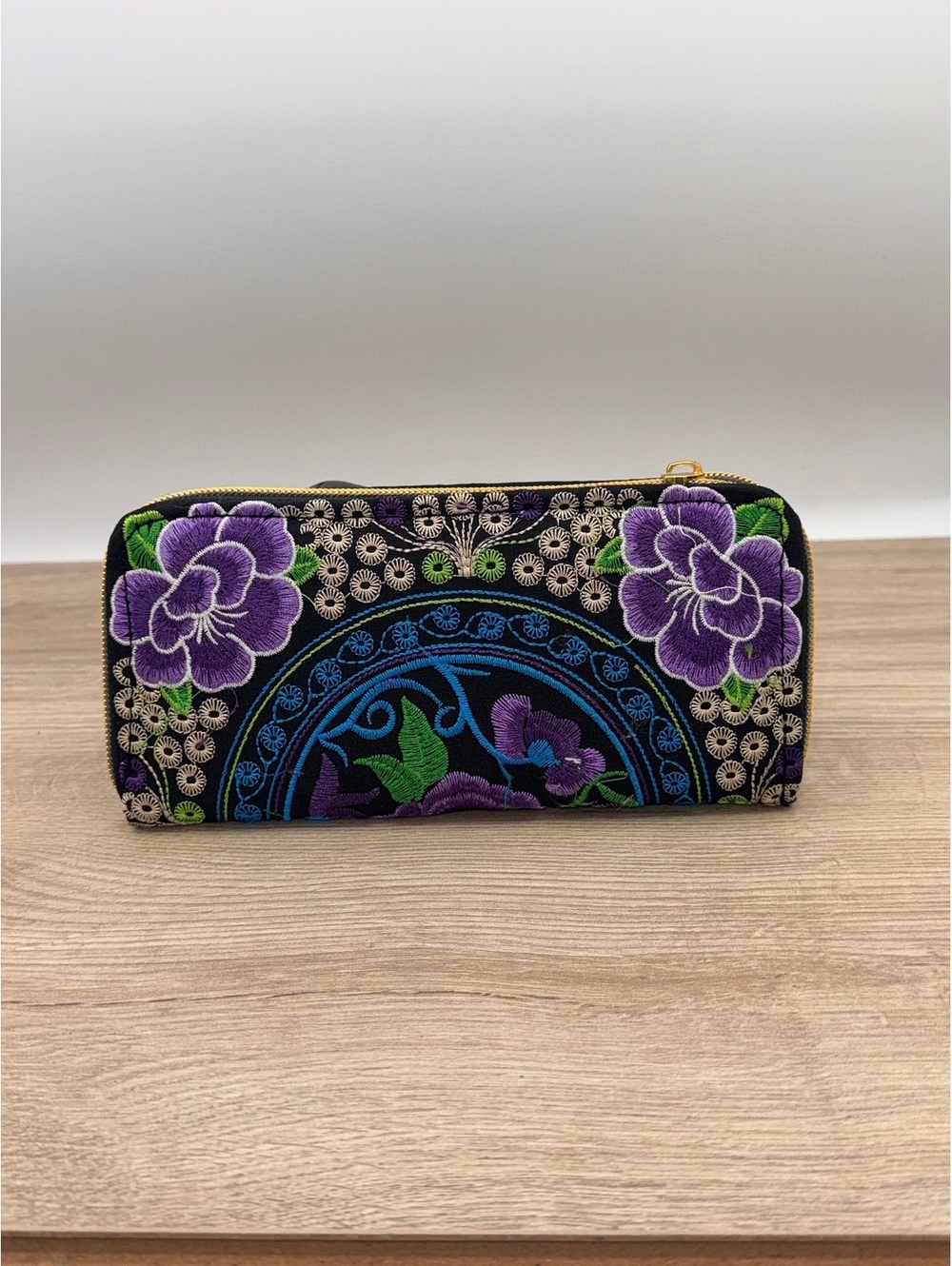 Embroidered Floral Double Zip Wallet Purple Black